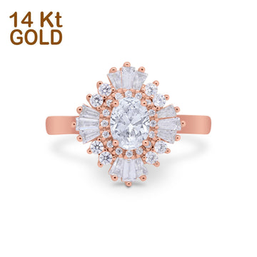 14K Rose Gold Vintage Oval Halo Bridal Wedding Engagement Ring Simulated CZ Size-7